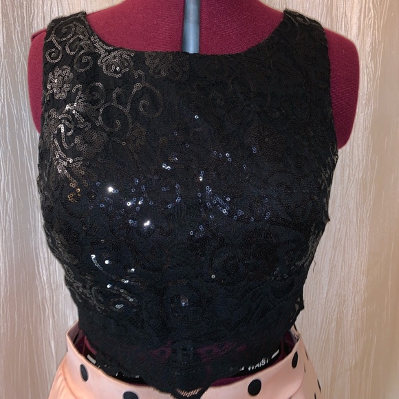 Two Piece Party Dress Black Sequins Crop Top with Pink Polkadots & Tool Skirt - Picture 3 of 7
